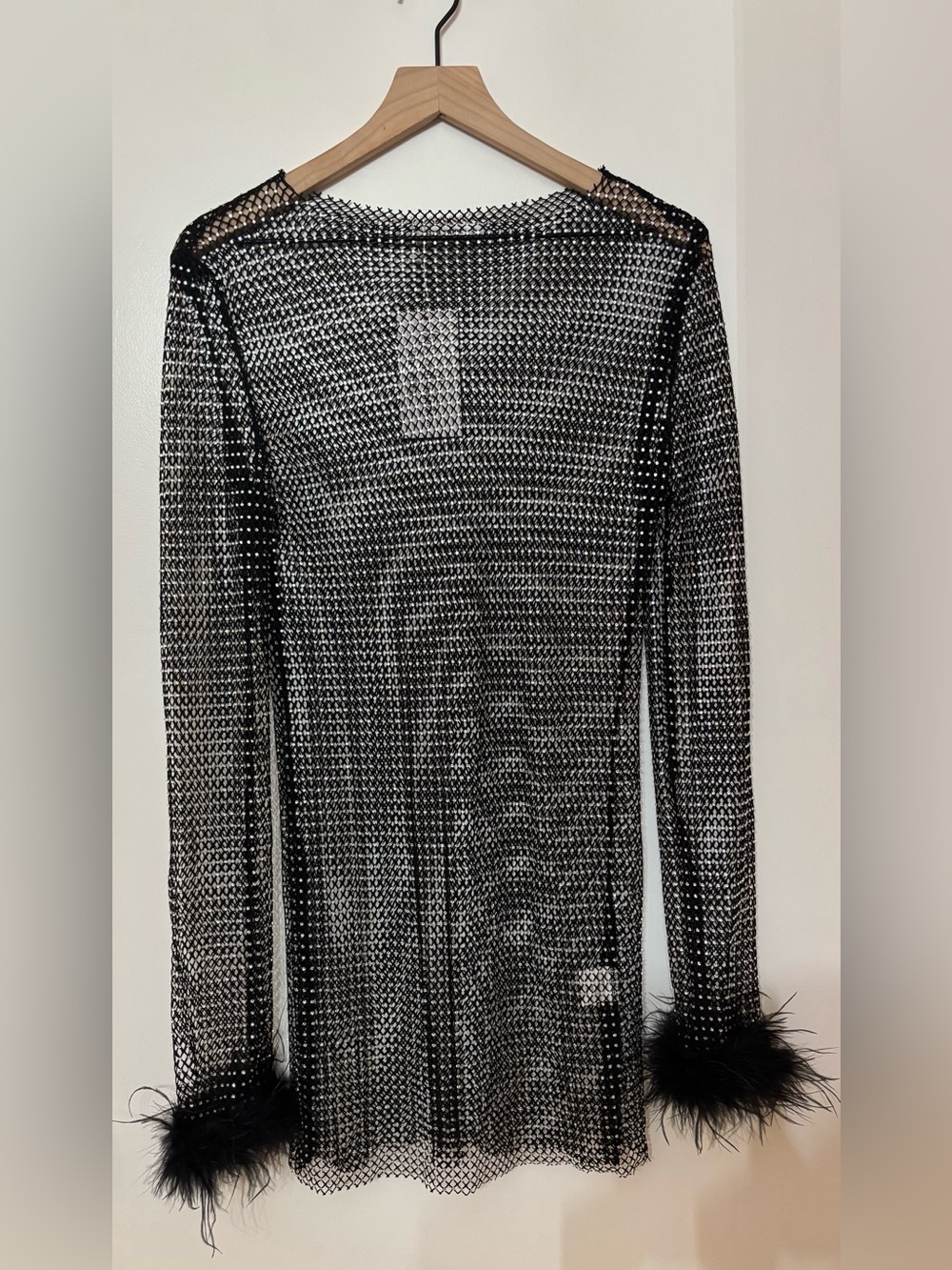 12th Tribe Black Mesh Sheer Long Sleeve Rhinestone Mini Dress Size Small